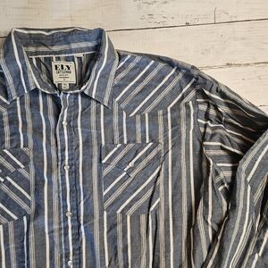 Ely Cattleman Pearl‎ Snap Long Sleeve Western Shirt Blue Stripe Size XXLT